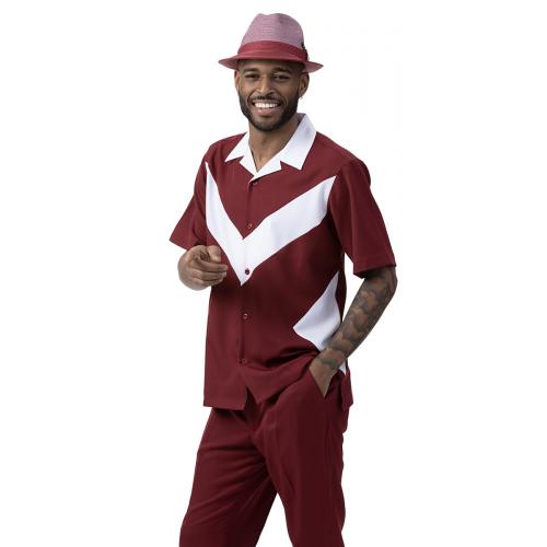 Montique Burgundy / White Sectional Design Short Sleeve Outfit 2073.